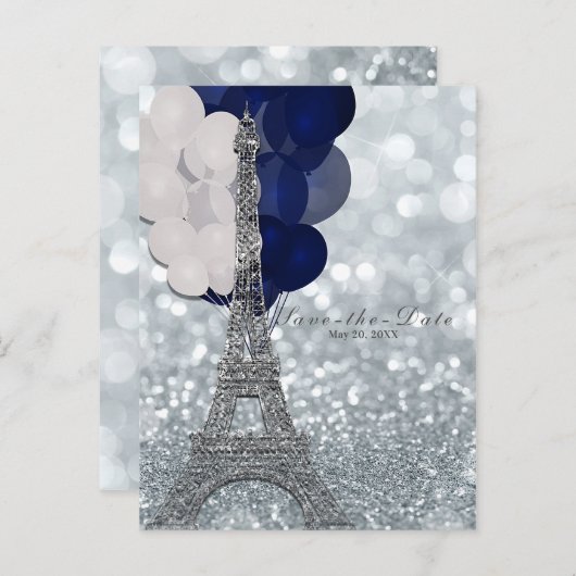 Carte Postale Faire-part Tour Eiffel en argent Ballons bleus marine Enregis (Devant / Derrière)