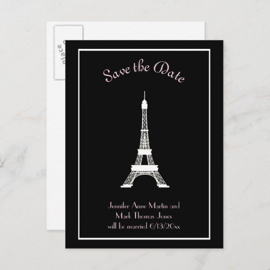 Carte Postale Faire-part Tour Eiffel Française Noir Blanc Noir Enregistrer  (Devant / Derrière)