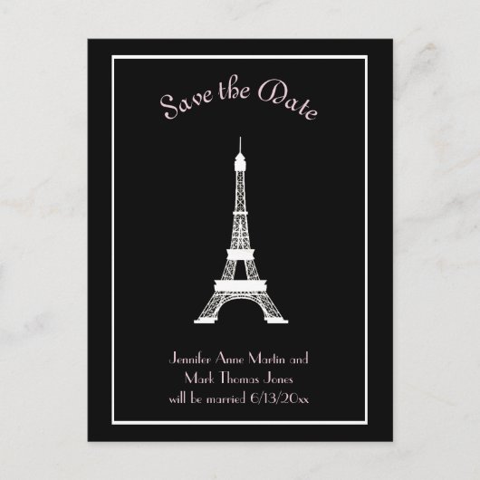 Carte Postale Faire-part Tour Eiffel Française Noir Blanc Noir Enregistrer  (Devant)