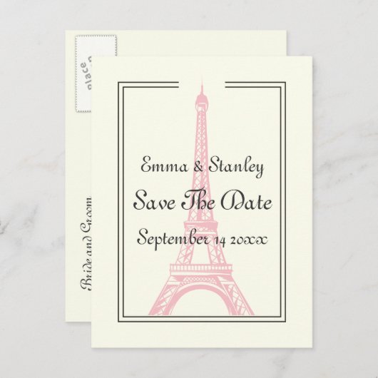 Carte Postale Faire-part Tour Eiffel rose mariage Paris Enregistrer la date (Devant / Derrière)