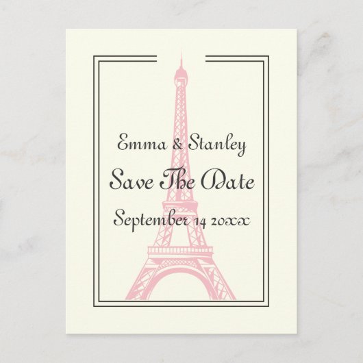 Carte Postale Faire-part Tour Eiffel rose mariage Paris Enregistrer la date (Devant)