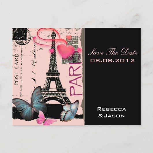 Carte Postale Faire-part tour mariage destination tour eiffel paris rose (Devant)
