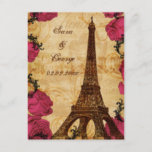 Carte Postale Faire-part Tour vintage eiffel rose Paris enregistrer la date