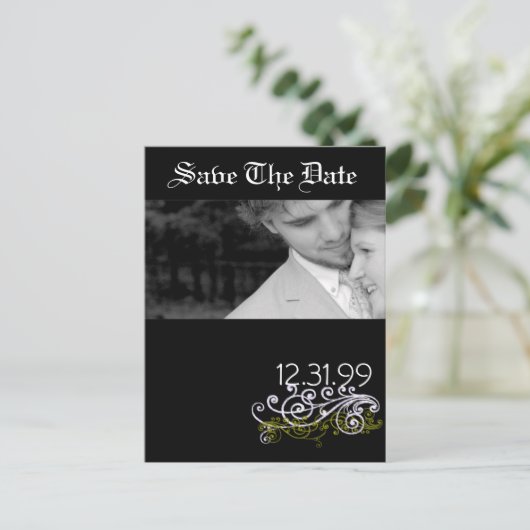 Carte Postale Faire-part Tourbillonnant noir et blanc Enregistrer la date (Debout devant)