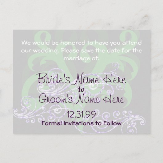 Carte Postale Faire-part Tourbillonnant Purple & Vert Enregistrer La Date (Dos)