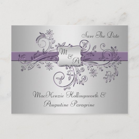 Carte Postale Faire-part Tourbillons Floraux à Monogramme Violet et Argent  (Devant)