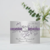 Carte Postale Faire-part Tourbillons Floraux à Monogramme Violet et Argent  (Debout devant)