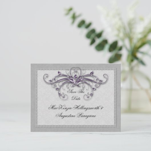 Carte Postale Faire-part Tourbillons violets et argentés Enregistrez la dat (Debout devant)