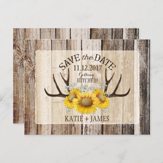 Carte Postale Faire-part Tournesol Antlers Bois Rustique Enregistrer la dat (Devant / Derrière)