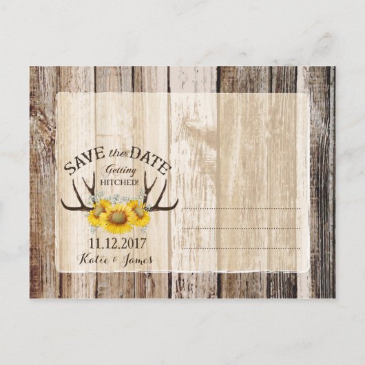 Carte Postale Faire-part Tournesol Antlers Bois Rustique Enregistrer la dat (Dos)
