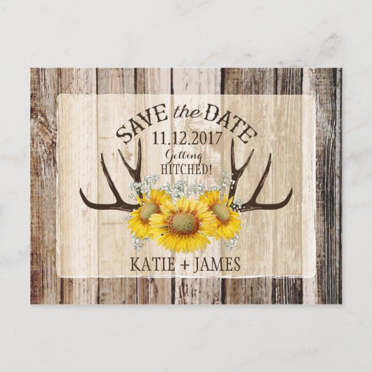 Carte Postale Faire-part Tournesol Antlers Bois Rustique Enregistrer la dat (Devant)