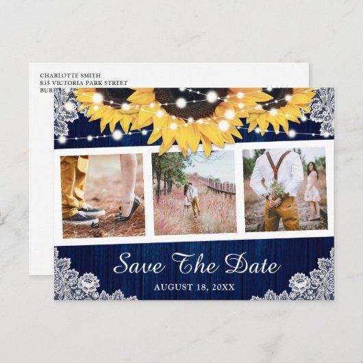 Carte Postale Faire-part Tournesol Bleu Rustique Photo Enregistrer La Date (Devant / Derrière)