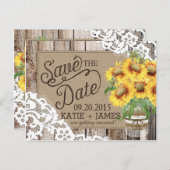 Carte Postale Faire-part Tournesol Bois Dentelle Campagne Enregistrez la Da (Devant / Derrière)