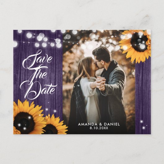 Carte Postale Faire-part Tournesol Bois Violet Mariage Photo Enregistrer La (Devant)