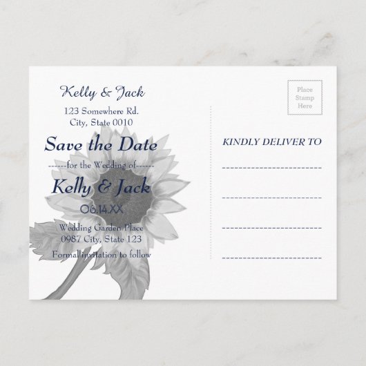 Carte Postale Faire-part Tournesol/Enregistrer la date mariage bleu (Dos)