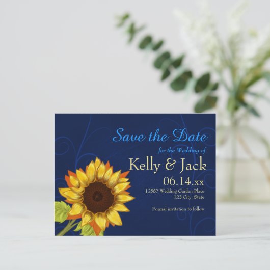 Carte Postale Faire-part Tournesol/Enregistrer la date mariage bleu (Debout devant)