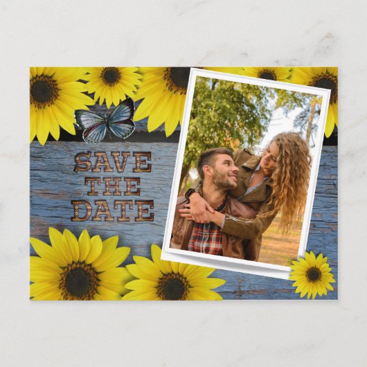Carte Postale Faire-part Tournesol Enregistrer La Date Mariage | Bleu class (Devant)