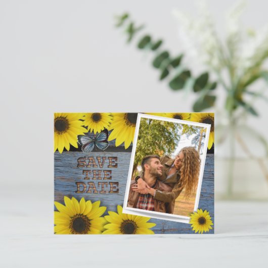 Carte Postale Faire-part Tournesol Enregistrer La Date Mariage | Bleu class (Debout devant)