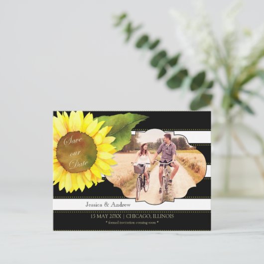 Carte Postale Faire-part Tournesol et rayures Mariage Photo Enregistrer la (Debout devant)