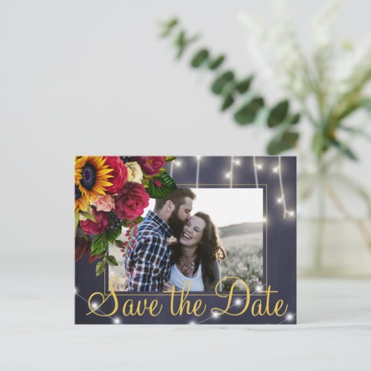 Carte Postale Faire-part Tournesol et roses mariage photo enregistrer la da (Debout devant)