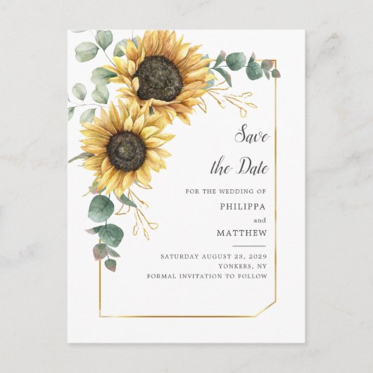 Carte Postale Faire-part Tournesol Eucalyptus Vert Enregistrer la date (Devant)