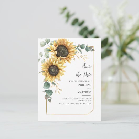 Carte Postale Faire-part Tournesol Eucalyptus Vert Enregistrer la date (Debout devant)