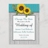 Carte Postale Faire-part Tournesol Mariage rustique Turquoise gris chic boi (Devant)