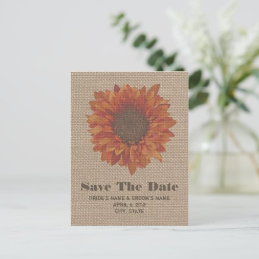Carte Postale Faire-part Tournesol Orange Inspiré Burlap Enregistrer La Dat (Debout devant)