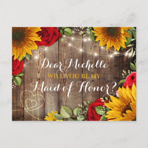 Carte Postale Faire-part Tournesol & Roses Serez-vous ma Demoiselle d'Honne