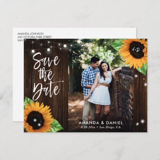 Carte Postale Faire-part Tournesol Rustique En Bois Enregistrer La Date Car (Devant / Derrière)