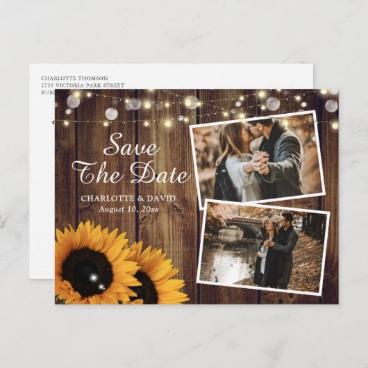 Carte Postale Faire-part Tournesol Rustique En Bois Enregistrer La Date Pho (Devant / Derrière)