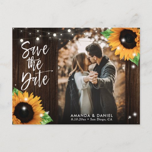 Carte Postale Faire-part Tournesol Rustique En Bois Enregistrer La Date Pho (Devant)