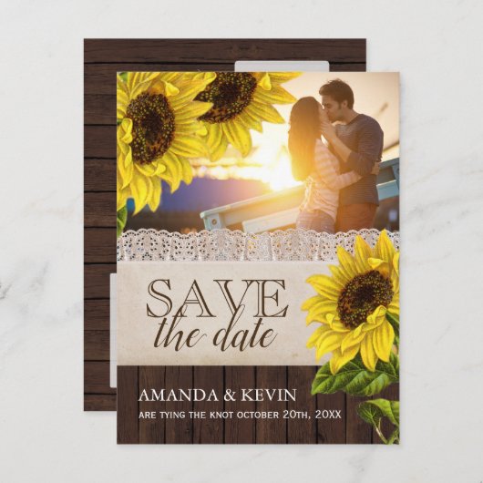 Carte Postale Faire-part Tournesol rustique Enregistrer la date (Devant / Derrière)