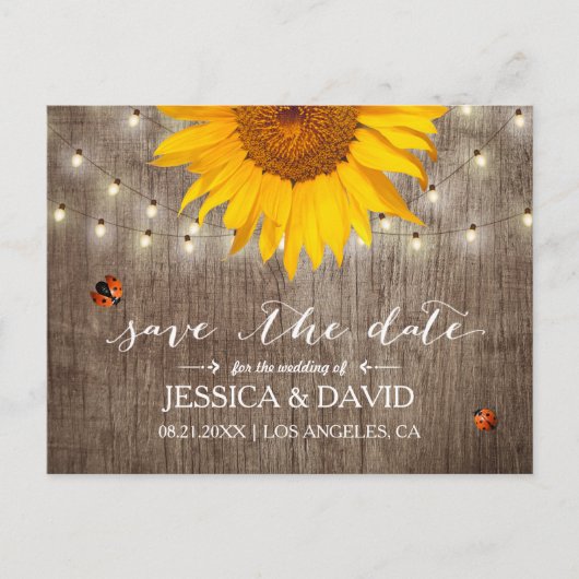 Carte Postale Faire-part Tournesol rustique & Ladybugs Enregistrer la date (Devant)