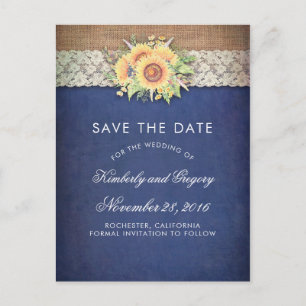 Carte Postale Faire-part Tournesol Rustique Toile de Jute Bleu Marine Enreg