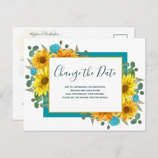 Carte Postale Faire-part Tournesol rustique Turquoise Mariage de Rose Modif (Devant / Derrière)