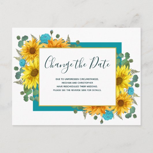 Carte Postale Faire-part Tournesol rustique Turquoise Mariage de Rose Modif (Devant)