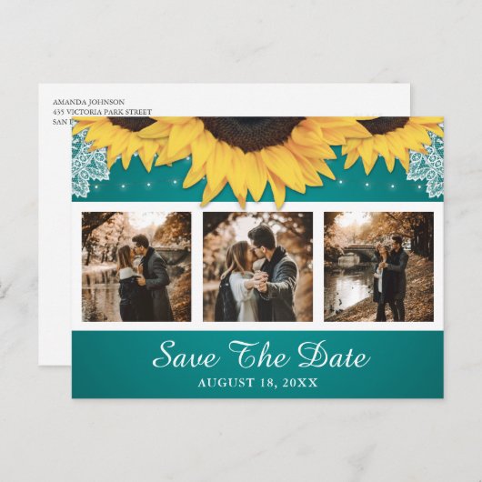 Carte Postale Faire-part Tournesol Rustique Turquoise Photo Mariage Enregis (Devant / Derrière)