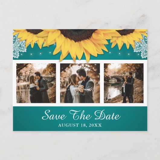 Carte Postale Faire-part Tournesol Rustique Turquoise Photo Mariage Enregis (Devant)