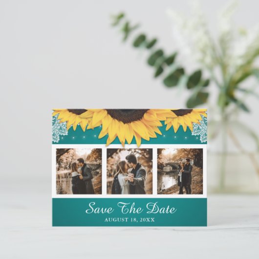 Carte Postale Faire-part Tournesol Rustique Turquoise Photo Mariage Enregis (Debout devant)