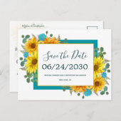 Carte Postale Faire-part Tournesol rustique Turquoise Roses mariage Enregis (Devant / Derrière)