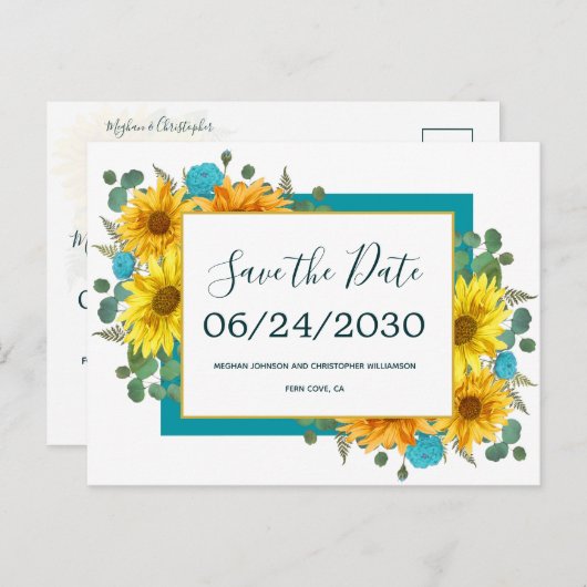 Carte Postale Faire-part Tournesol rustique Turquoise Roses mariage Enregis (Devant / Derrière)