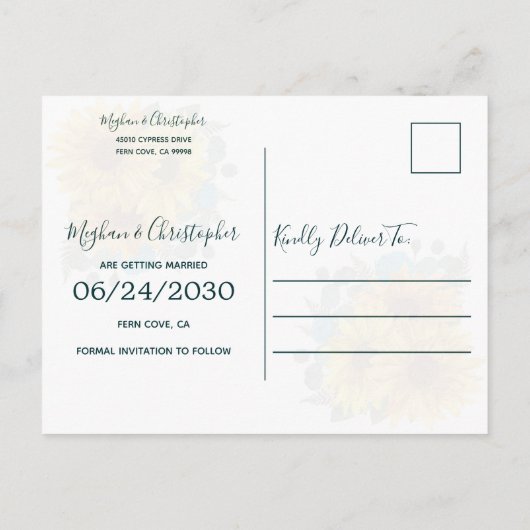 Carte Postale Faire-part Tournesol rustique Turquoise Roses mariage Enregis (Dos)