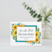 Carte Postale Faire-part Tournesol rustique Turquoise Roses mariage Enregis (Debout devant)