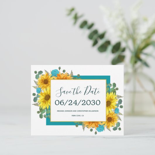 Carte Postale Faire-part Tournesol rustique Turquoise Roses mariage Enregis (Debout devant)