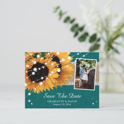 Carte Postale Faire-part Tournesol turquoise Enregistrer La Date Photo Cart (Debout devant)