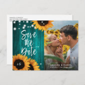 Carte Postale Faire-part Tournesol Turquoise Rustique Enregistrer La Date P (Devant / Derrière)