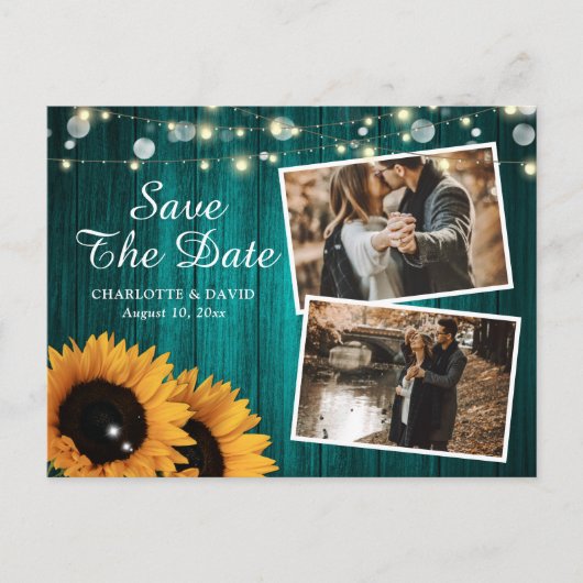 Carte Postale Faire-part Tournesol Turquoise Rustique Enregistrer La Date P (Devant)