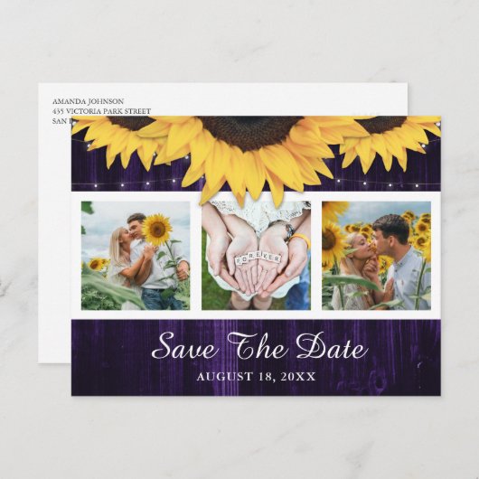 Carte Postale Faire-part Tournesol violet Mariage Photo Enregistrer la date (Devant / Derrière)