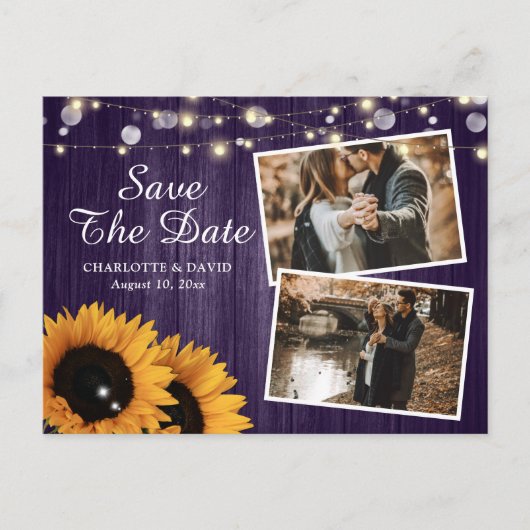 Carte Postale Faire-part Tournesol violet rustique Enregistrer la photo Dat (Devant)